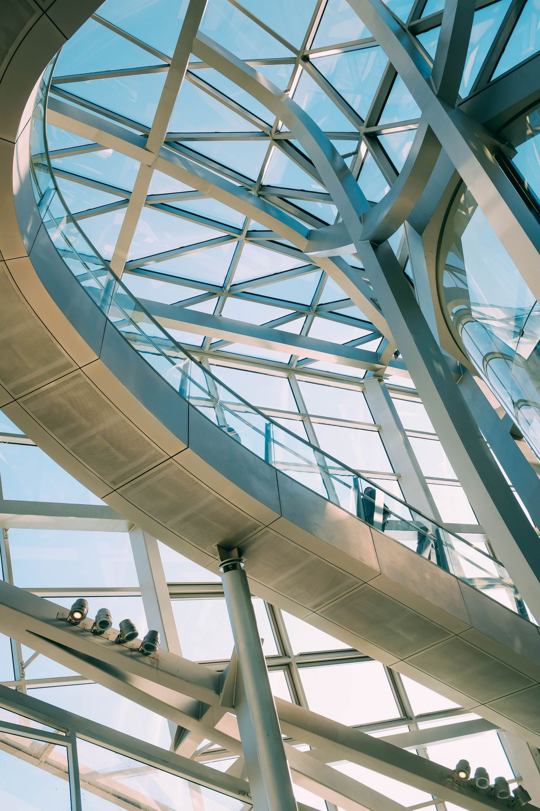 Glass and steel facade seen from below